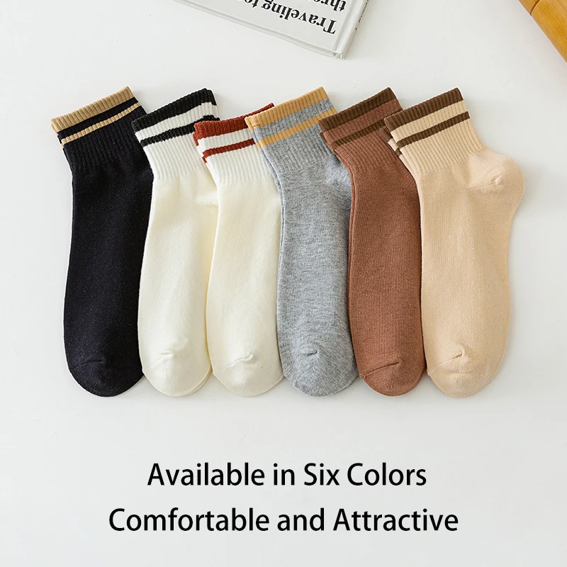 6 Pairs of Men's Cotton Spring and Autumn Simple Striped Fashion Versatile Casual College Style Summer Breathable Short Socks