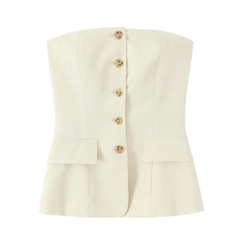 سترة نسائية عصرية مكشوفة الكتفين وأزرار للأسفل بنطلون عالي الخصر وصل حديثًا للخريف طقم مكون من قطعتين وأكمام قصيرة ورقبة مستديرة