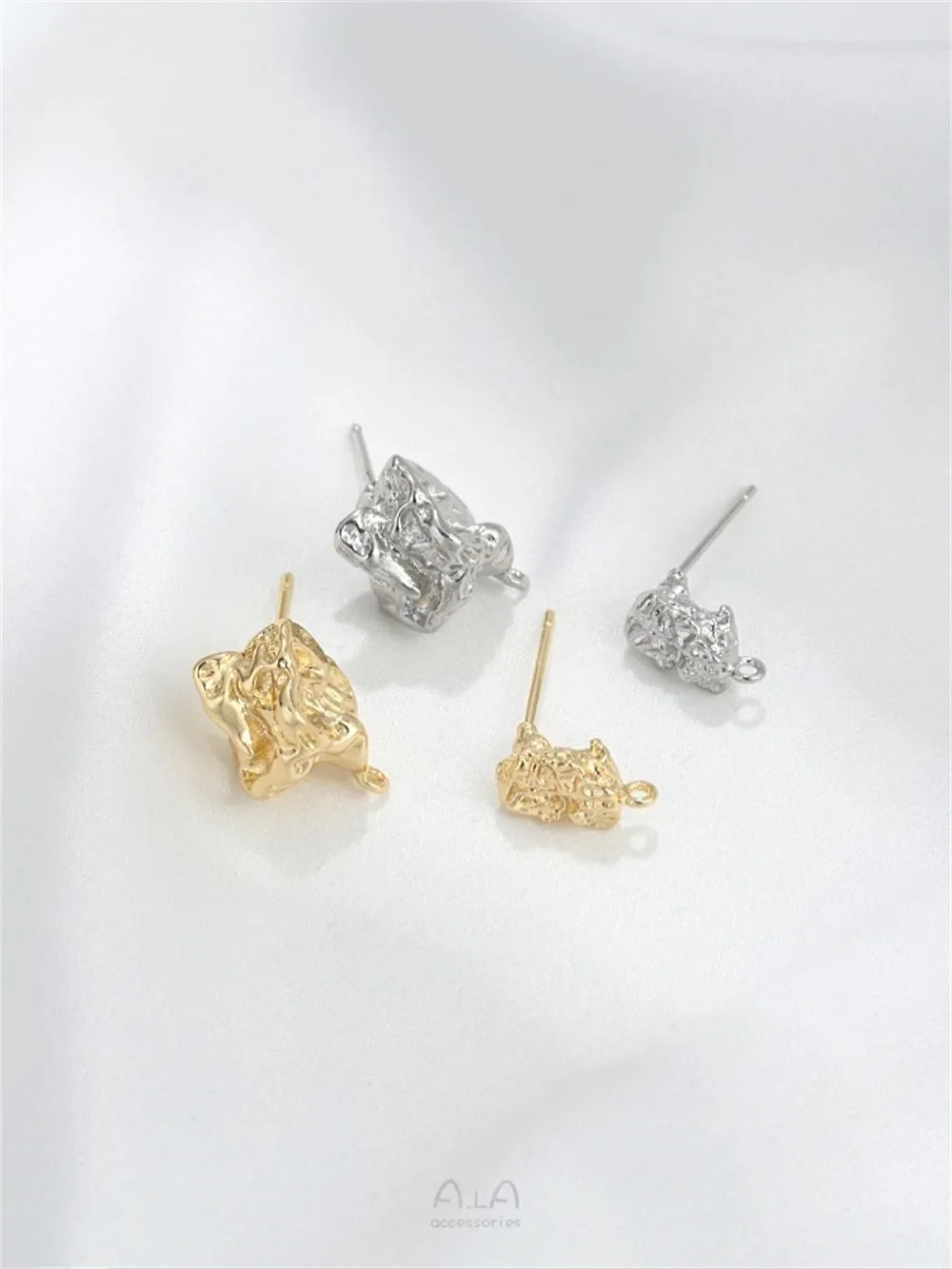 

14K Gold Color Irregular Shaped Lava Small Stone Stud Earrings with Hanging Rings 925 Silver Pin DIY Earrings Accessories E377