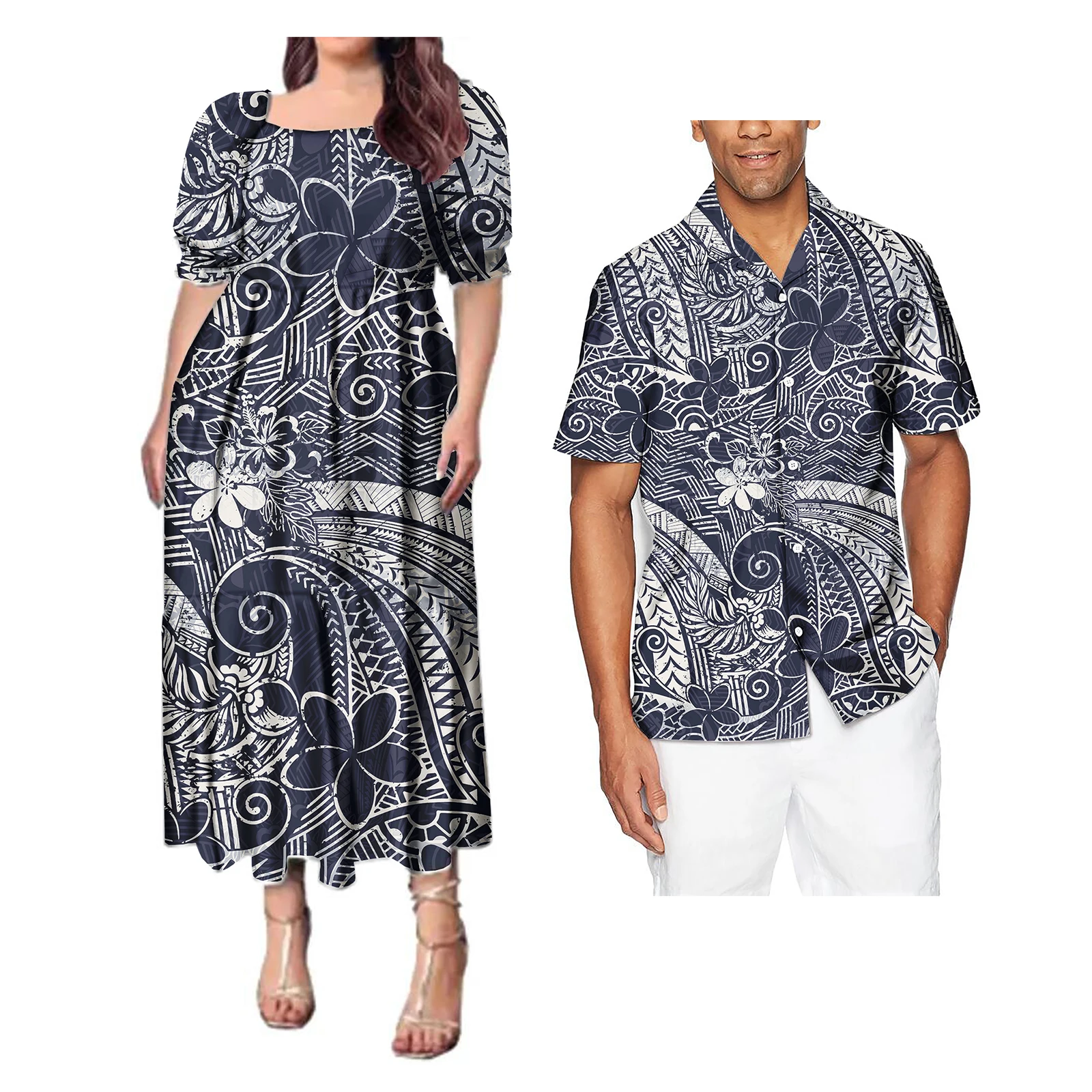 Paar Outfit Sets Dames Avondjurken Polynesische Patroon Ontwerp Klassieke Heren Hawaiiaanse Shirts Overeenkomen Met Vrouwen Plus Size Jurk