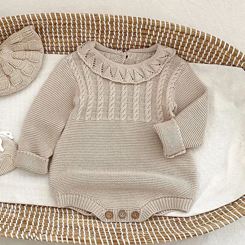 

Новинка 2023 года, осенний вязаный комбинезон для маленьких девочек, однотонный однотонный комбинезон с длинными рукавами для малышей, От 0 до 24 месяцев, детская вязаная одежда
