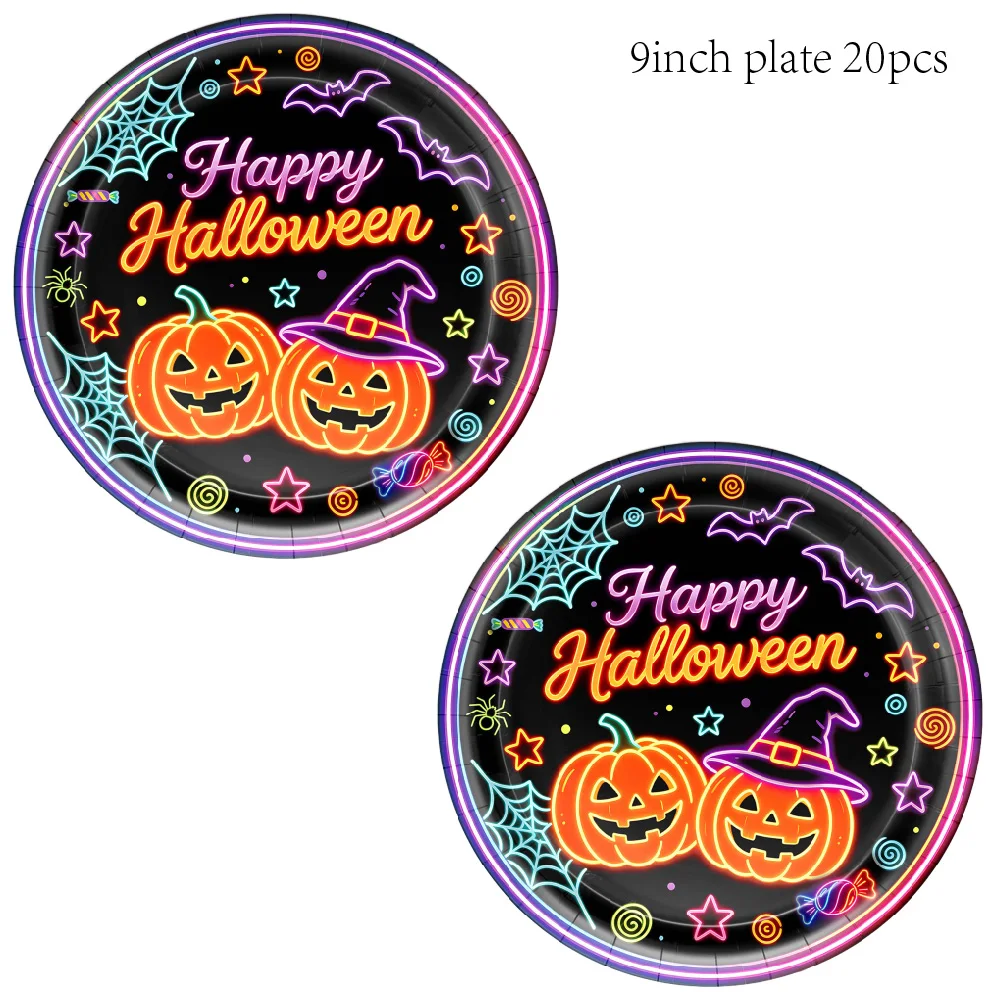 Neon Pumpkin Disposable Tableware Set Halloween Paper Plate Cup Napkins Tablecloth Festival Theme Table Decoration Set