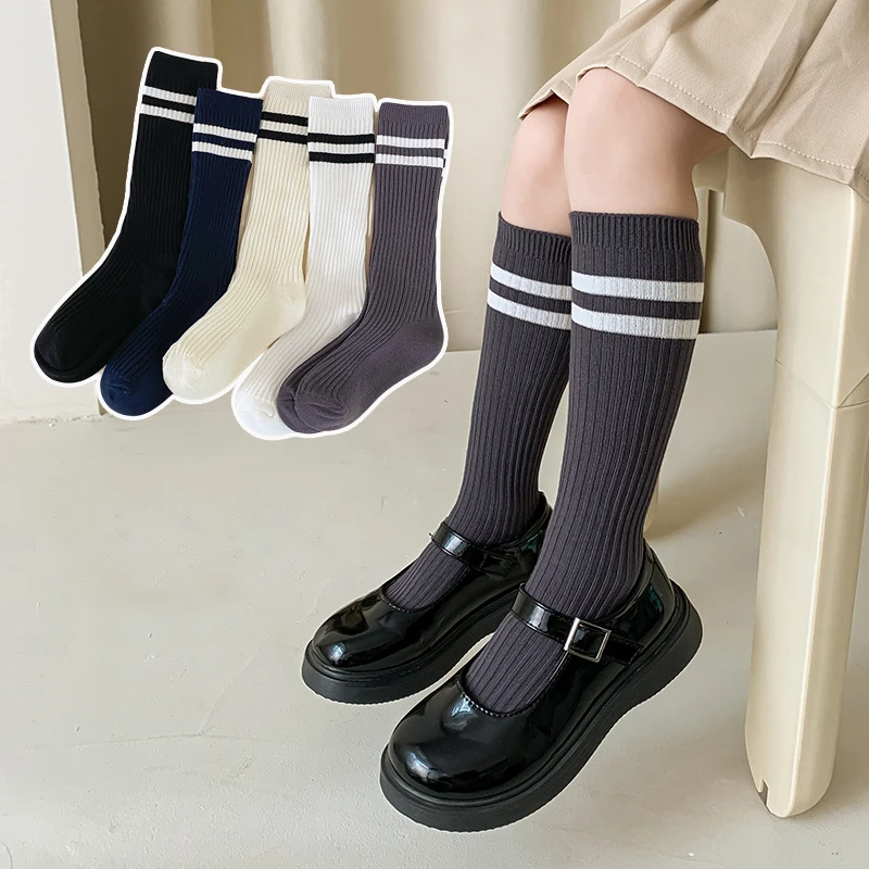 Autumn Warm Children Length Knee Socks Pure Cotton Black White Striped Boys Girls  College Style Sports Socks For 1-12 Years