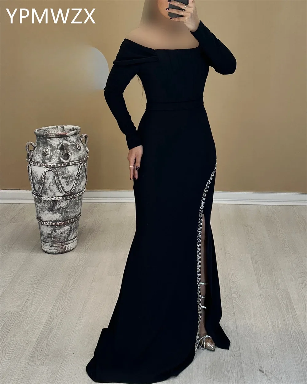 Customized Evening Dress Formal Women Party Occasion YPMWZX Off-the-shoulder Column Floor Length Skirts Bespoke Occasion Dresses