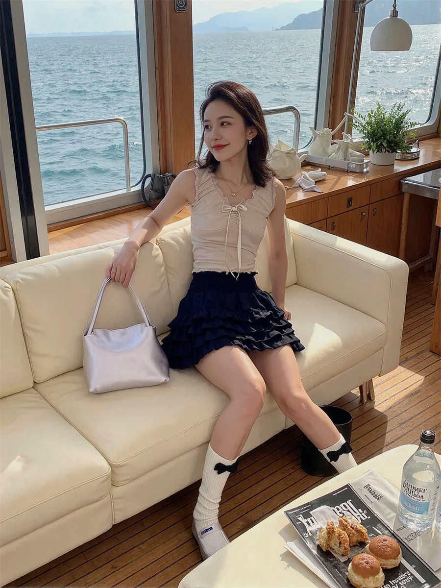 Mini gonne con torta arricciata da donna in cotone con orlo svasato a strati, comode, artistiche, moderne, estive, con volant, morbide, classiche, dimagranti, vintage