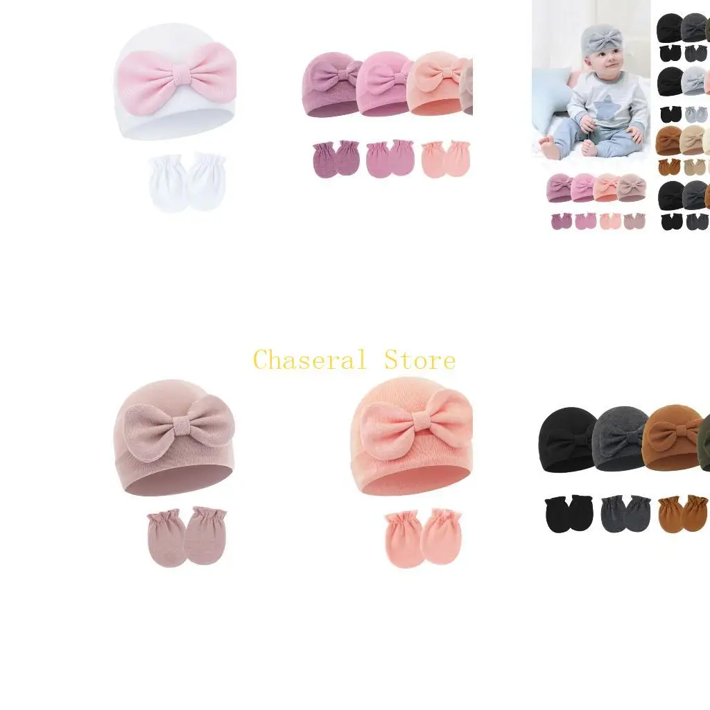 

E7CE Baby Hat Newborns Headwear Hospital Hat Sweet Bowknot Decoration with Gloves