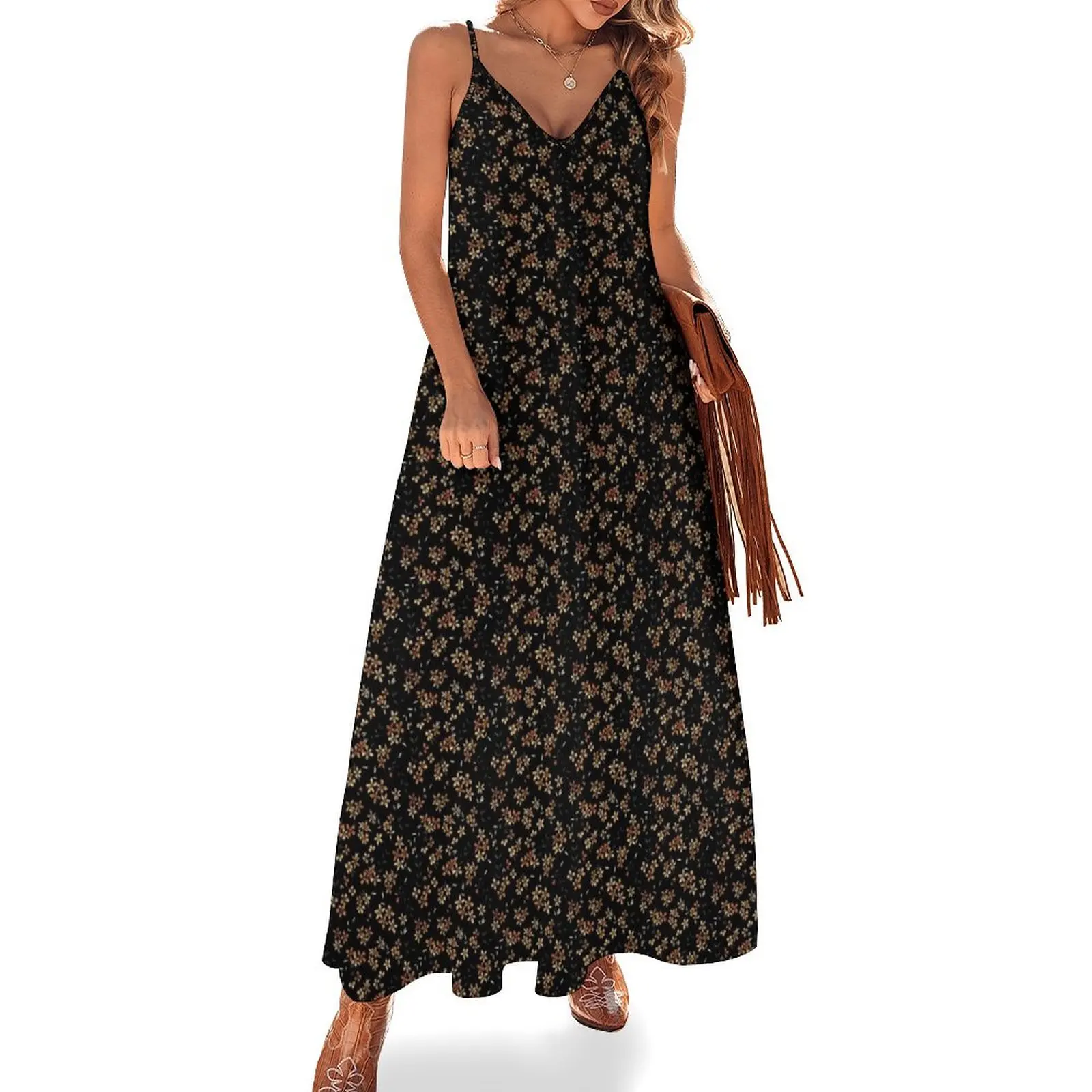 

Black, Orange, Olive Simple Ditsy Floral Sleeveless Long Dress summer dress ladies dresses for women 2025 Dress