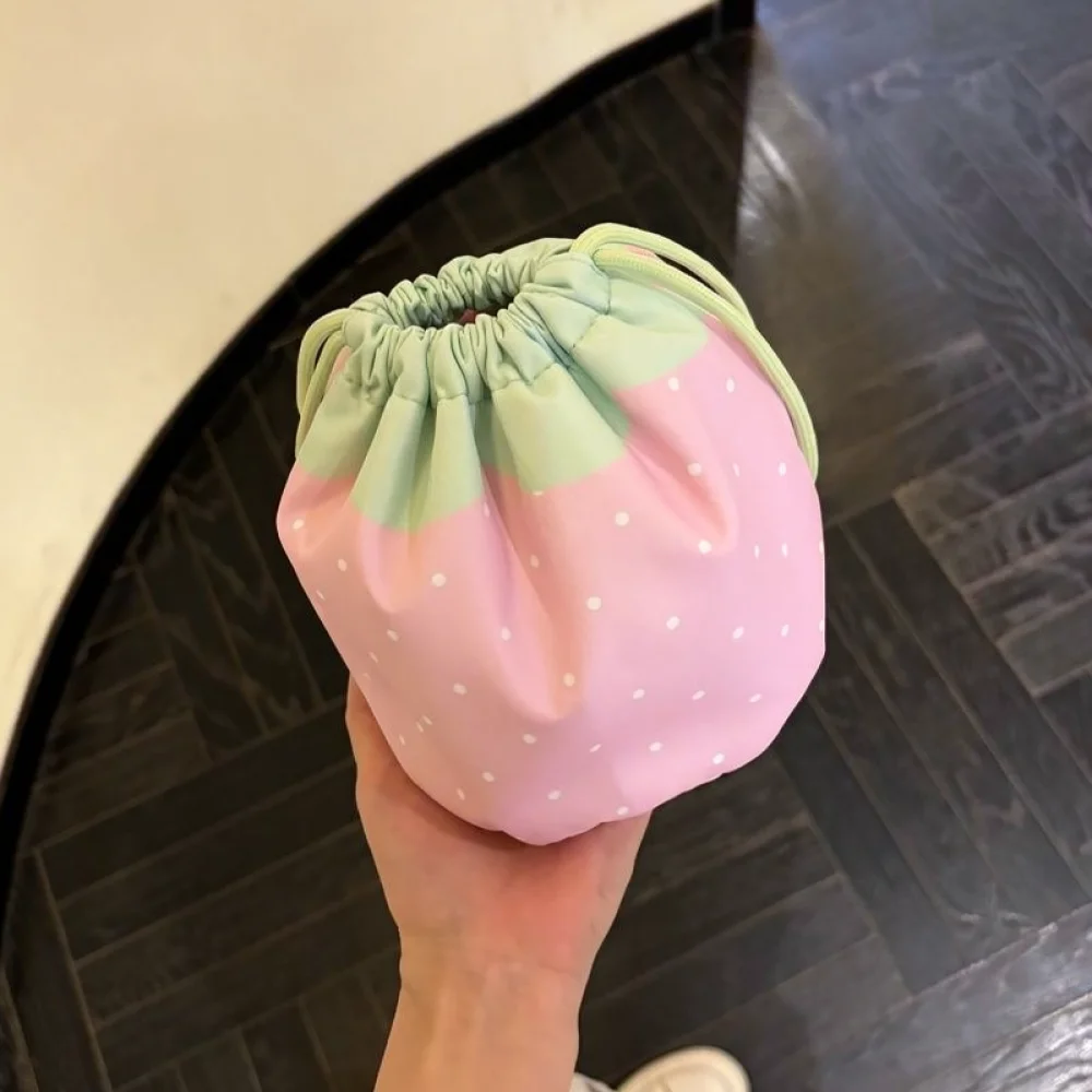 Cute Strawberry Drawstring Pouch Portable Cosmetic Storage Bag Organizer For Travel Makeup Case,Polka‑Dot Cosmetic Makeup Pouch