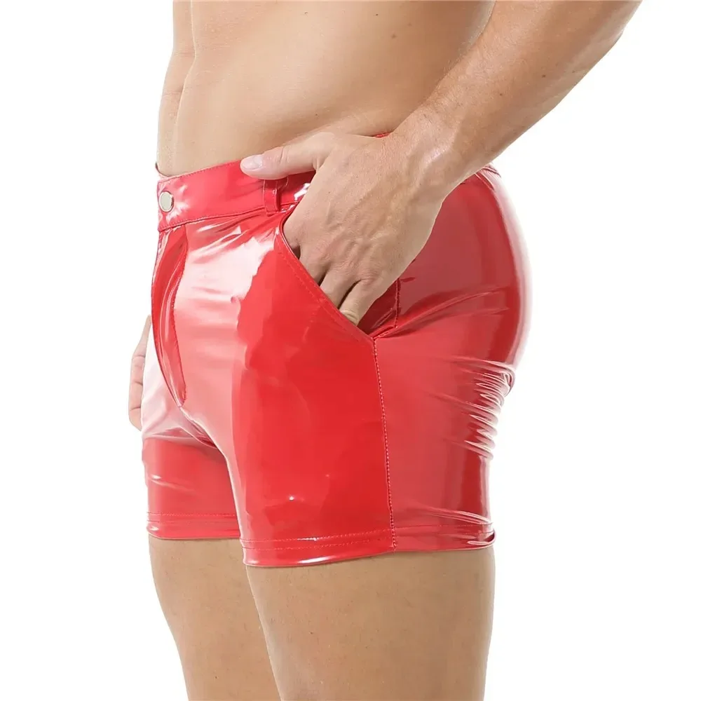

Black/Red Men's Casual Fashion Shiny Wet Look PVC Leather Zipper Short Pants Nightclub Punk PU Latex Tight Shorts with Pockets