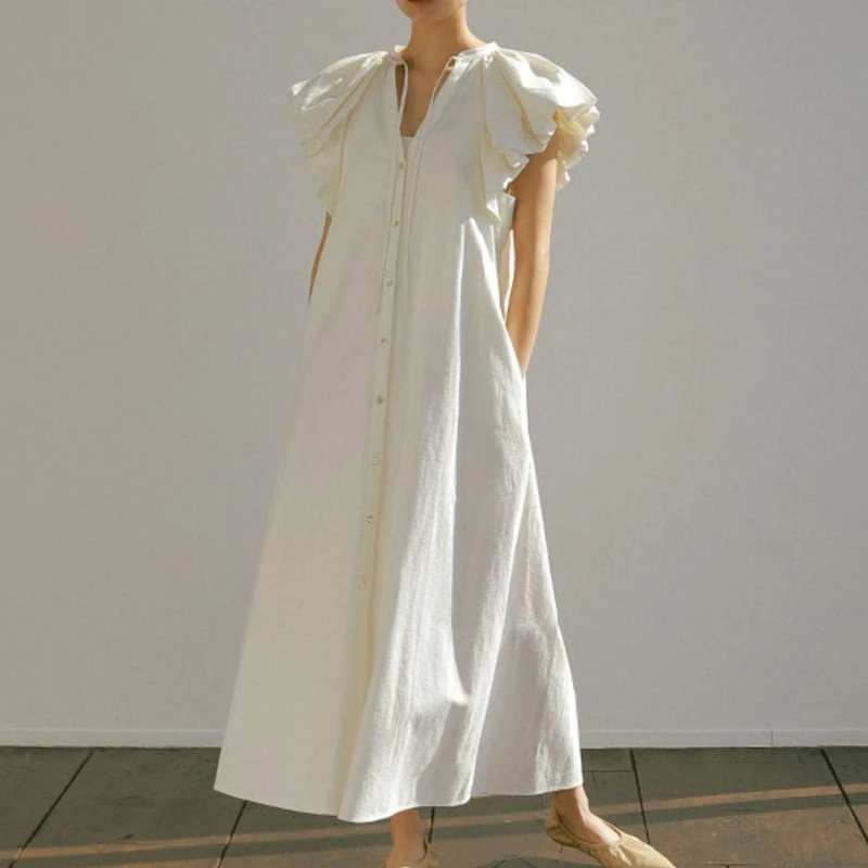 

Модное платье с v-образным вырезом и летающими рукавами на шнуровке, женское летнее элегантное однобортное платье со свободной талией, трапециевидное платье Femme