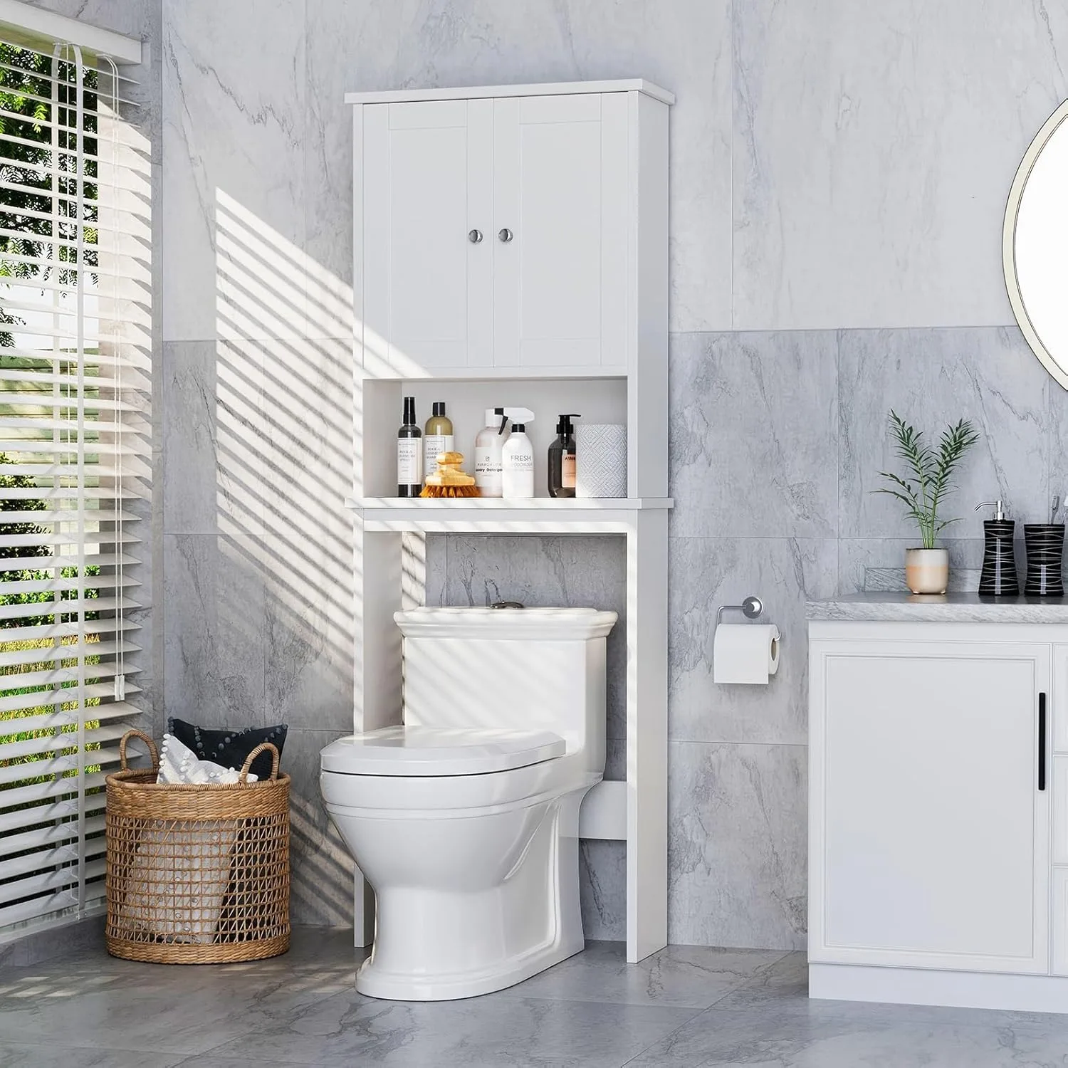 

Bathroom storage organizer above the bathroom, space saving device with adjustable shelves and open storage shelves, white
