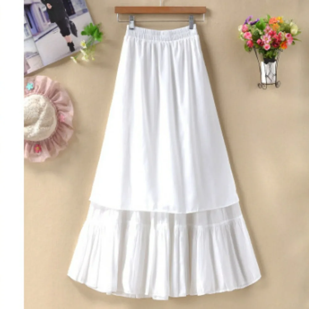 Nighpha Women’s Summer Cotton Linen Skirt Midi Long Boho Elastic Waist A-Line Skirt Swing Ruffle Hem Tiered White Black Skirt