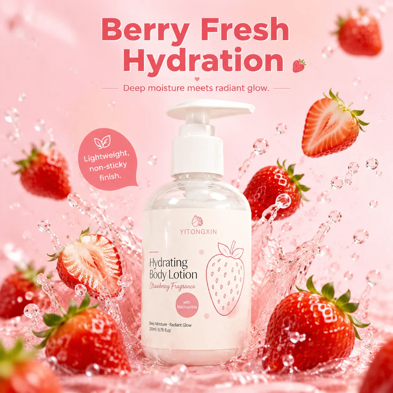 Deep Moisturizing Body Lotion with Niacinamide and Sweet Strawberry Fragrance, Silky Smooth Texture, Fast Absorbing