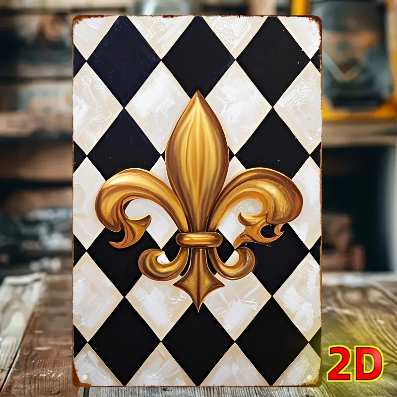 Mardi Gras Metal Wall Art, es - Waterproof Iron Sign with Fleur-de-Lis Design, Black & Golden Decor for Home, Cafe, Bedroom D