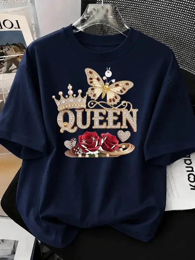 Birthday Queen Women T Shirt Gold Glitter Diamond Effect Graphic Printed Tees Y2k Pink Aesthetic Crown Butterfly Short Sleeve Casual Tops