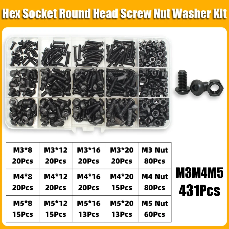 2510-teiliges Rundkopfschrauben-Set M2 M2.5 M3 M4 M5 M6 10.9 Güteklasse Schwarz Innensechskant-Knopfkopfschrauben mit Allen-Antrieb, Schrauben, Muttern und Unterlegscheiben – Detail 10