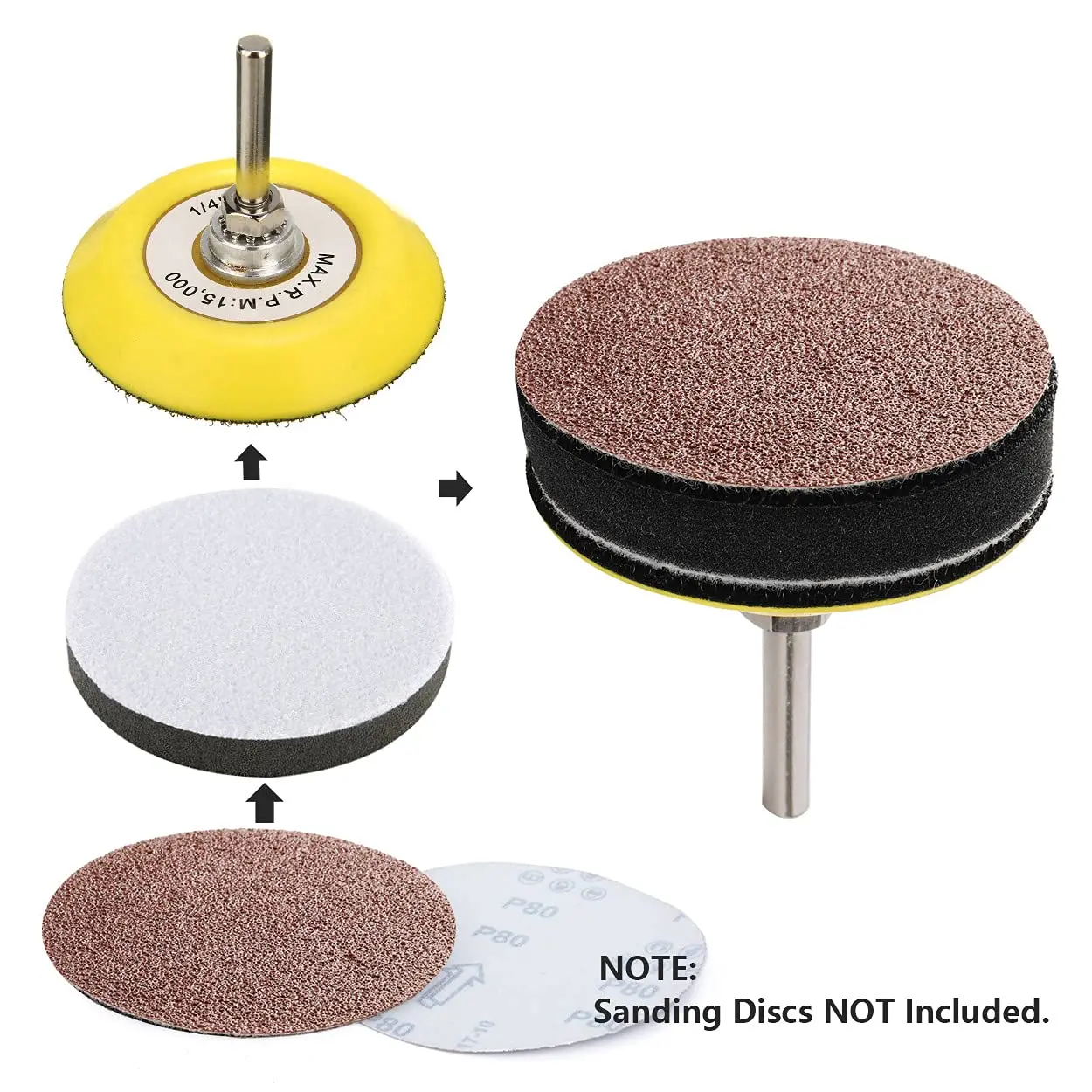 2/3 Zoll 50/75 mm Klett-Schleifpad-Set, 4/8 Stück, mit 1/4 Zoll Schaft, Bohraufsatz und Pufferpad mit weichem Schaumstoffschicht – Detail 5