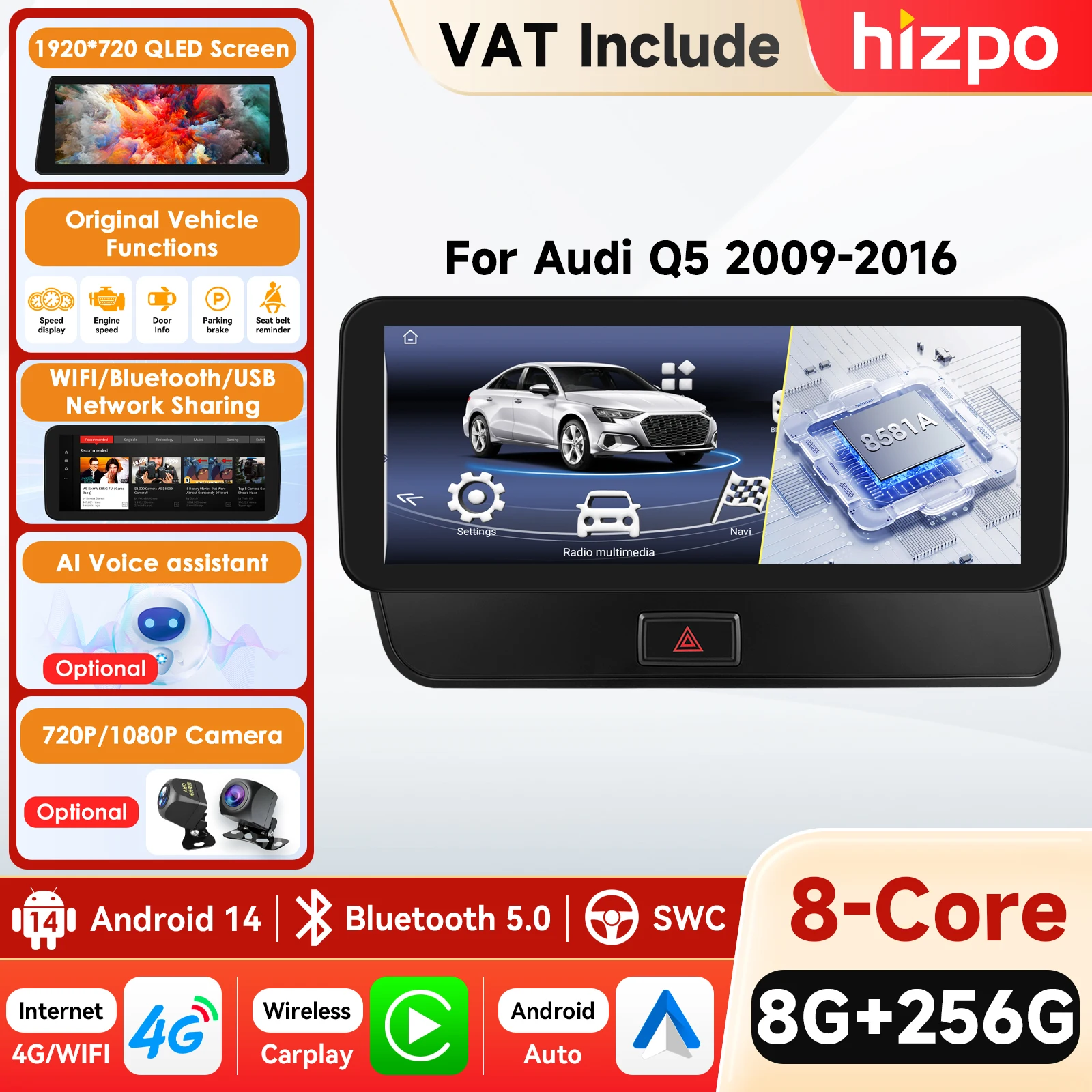 Hizpo 2Din Android 14 Lecteur Multimédia Automobile pour Audi Q5 2009-2016 GPS Carplay 4G Écran Intelligent AI Autoradio GPS Bluetooth