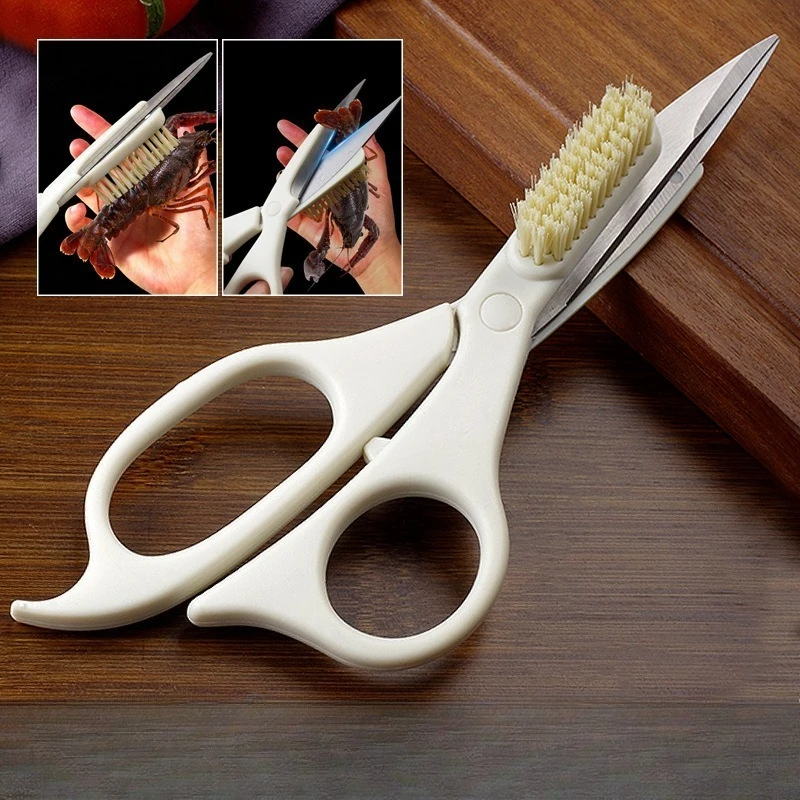 Crayfish specific scissors for back opening and shell removal, household shrimp peeling and tail trimming tools with brushes