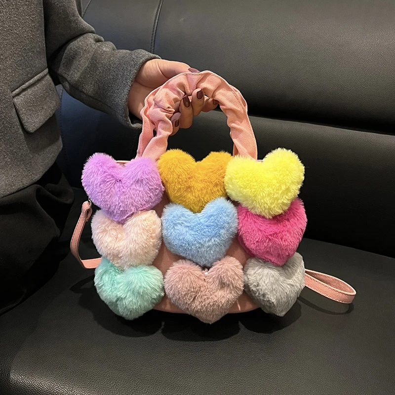 

Ladies Denim Tote Bag Winter Cute Color Contrast Heart Shape Plush Fur Handbag Colorful Love Cowboy Shoulder Crossbody Bag 2023