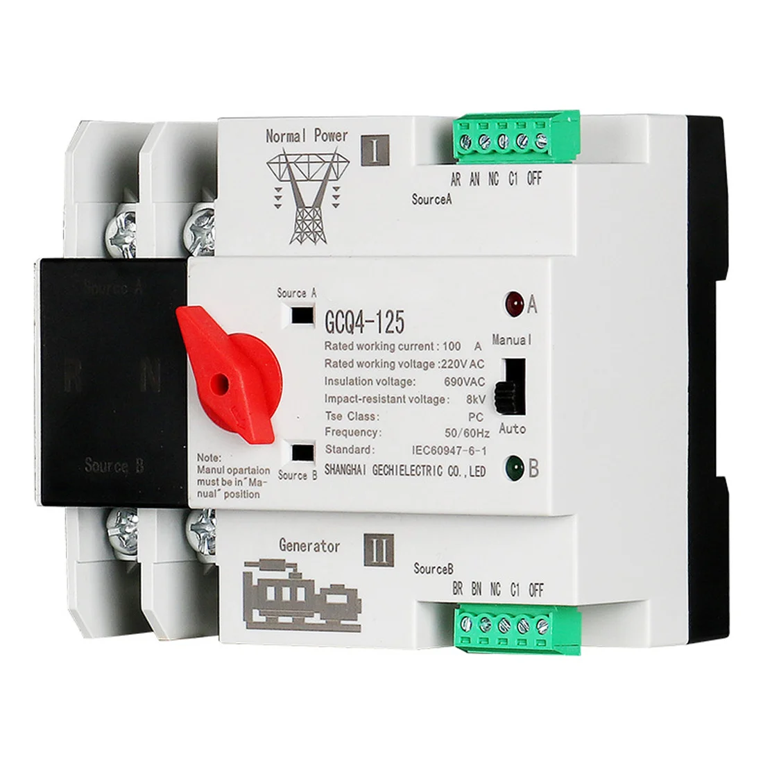 Single Phase Din Rail ATS 220V PC Dual Power Automatic Transfer Switch 2P 100A Household Power Transfer Switch 50/60Hz