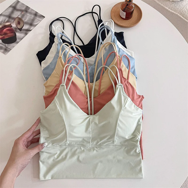 Women Crop Tops Sexy Solid Color Camisole Ice Silk Tube Top Seamless Sports Tank Top Wireless Underwear Padded Bra Bralette Vest