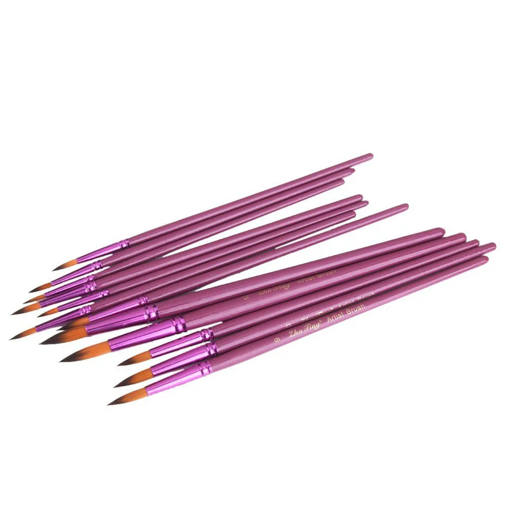 مجموعة فرش ذات طرف مدبب مستدير من شعر النايلون مكونة من 12 قطعة، مقبض خشبي ناعم أرجواني للزيت والأكريليك ولوحة ألوان مائية من القماش والورق والخشب