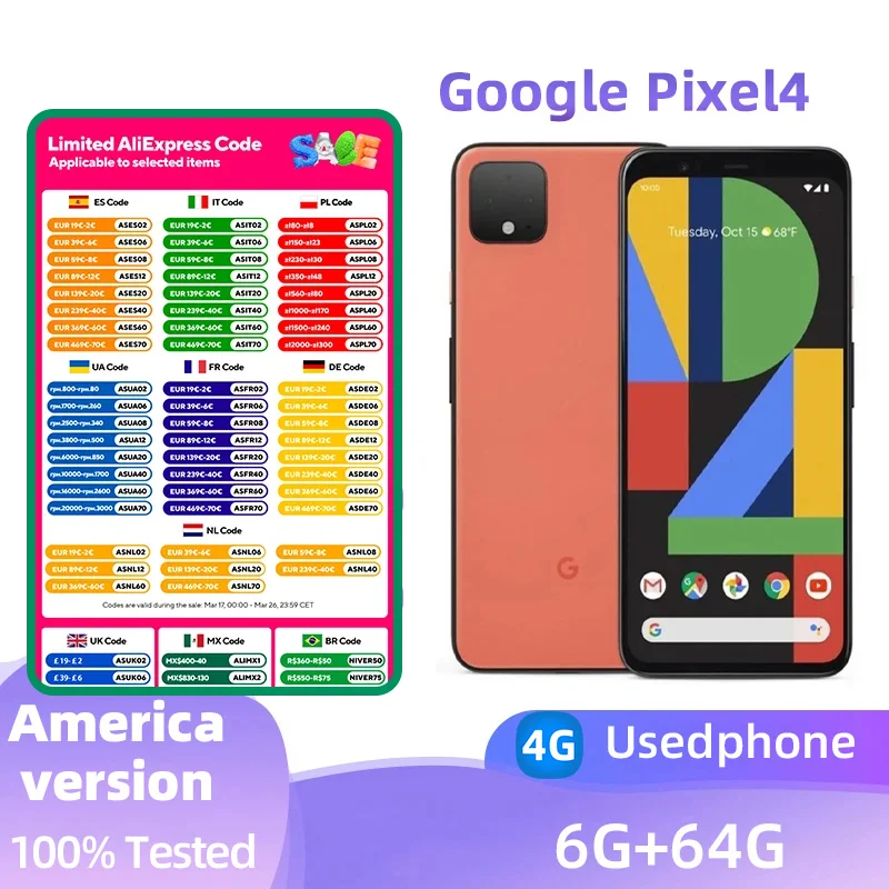 Google Pixel4 4G SmartPhone CPU Qualcomm Snapdragon 855  Battery capacity 2800mAh 12MP Cameraoriginal used phone