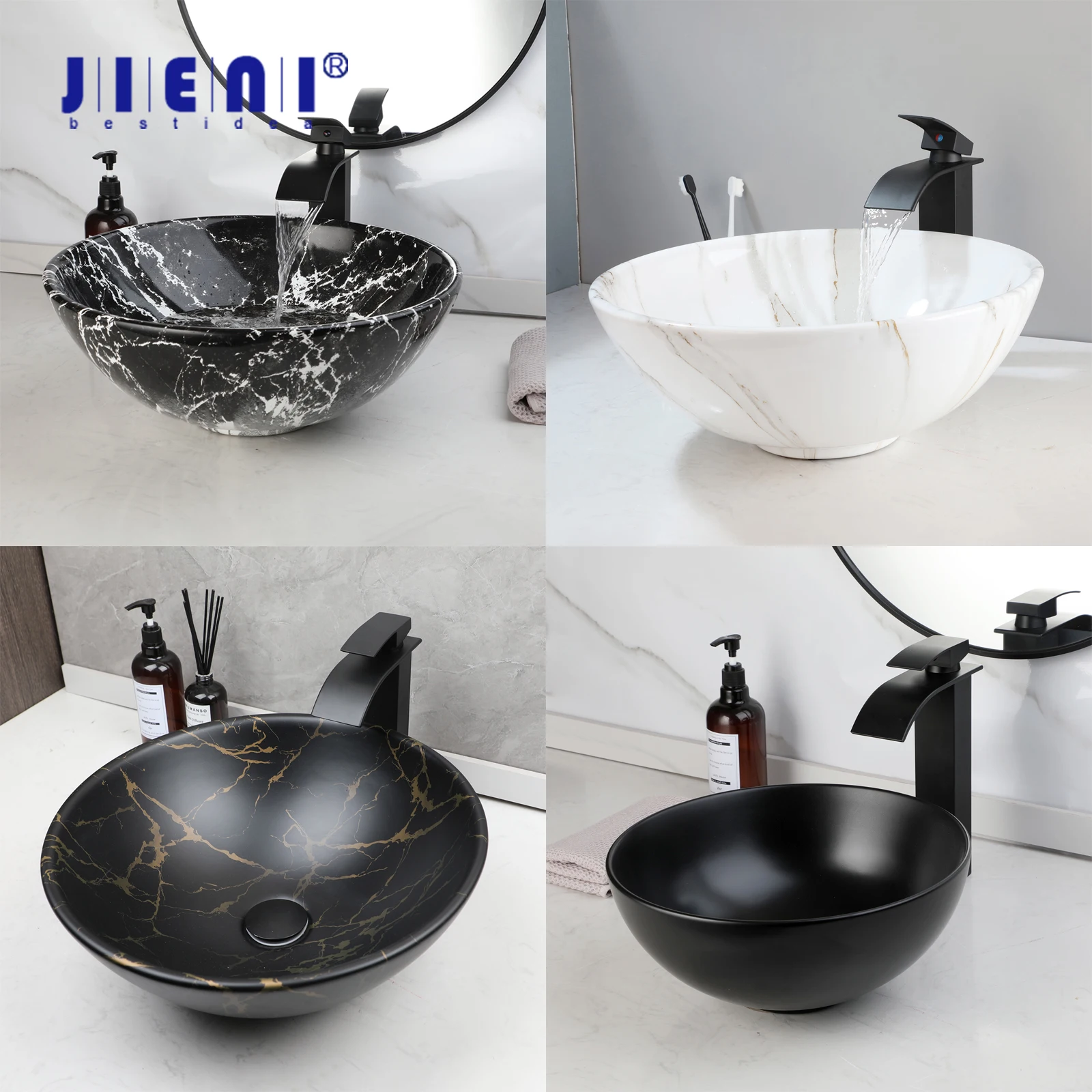 

JIENI Round Bathroom Ceramic Sink Set Bowl Basin Matte Black Faucet Pop UP Drain Combo Europe Art Lavatory Vanity Washbasin Sets