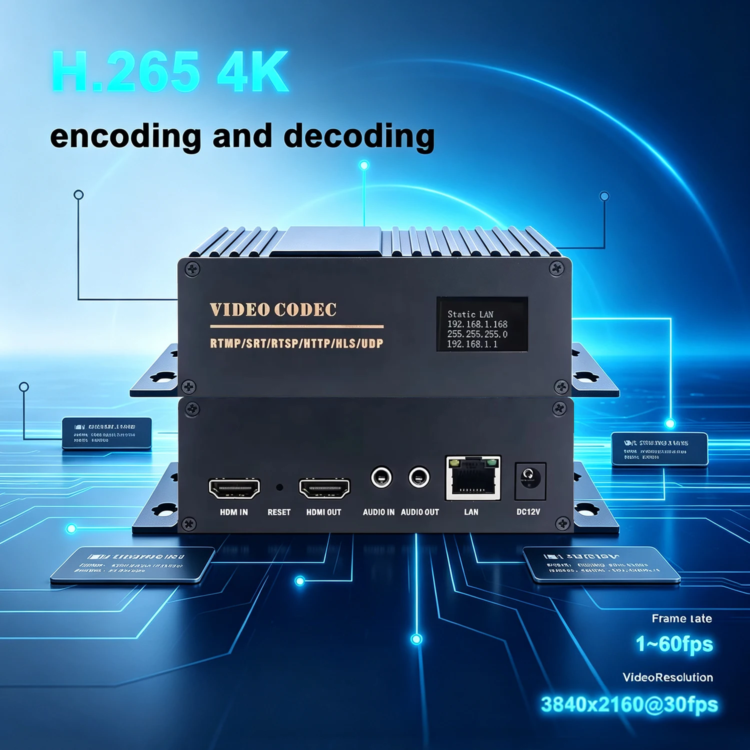 H.265 HD Video Codec, 4K HD to IP Video Encoder Decoder, Supports HD Loop-through or Decoded HD Output, OLED Display