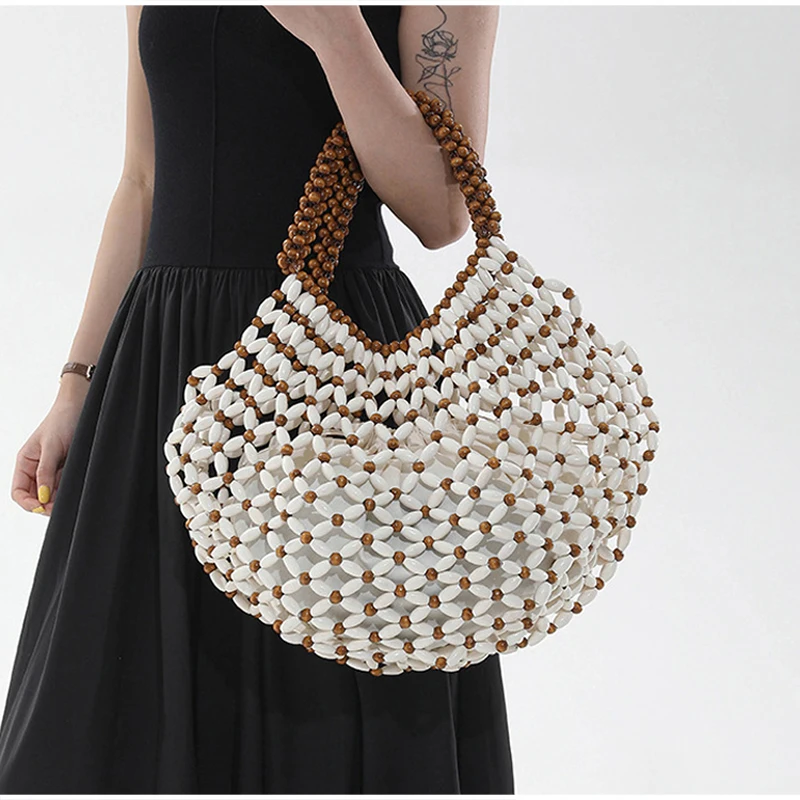 Fashion Hollow Out Wood Bead Crochet Handbag Bohemian Beach Bag Summer Straw Style Woven Tote Bag Vacation Shoulder Purse