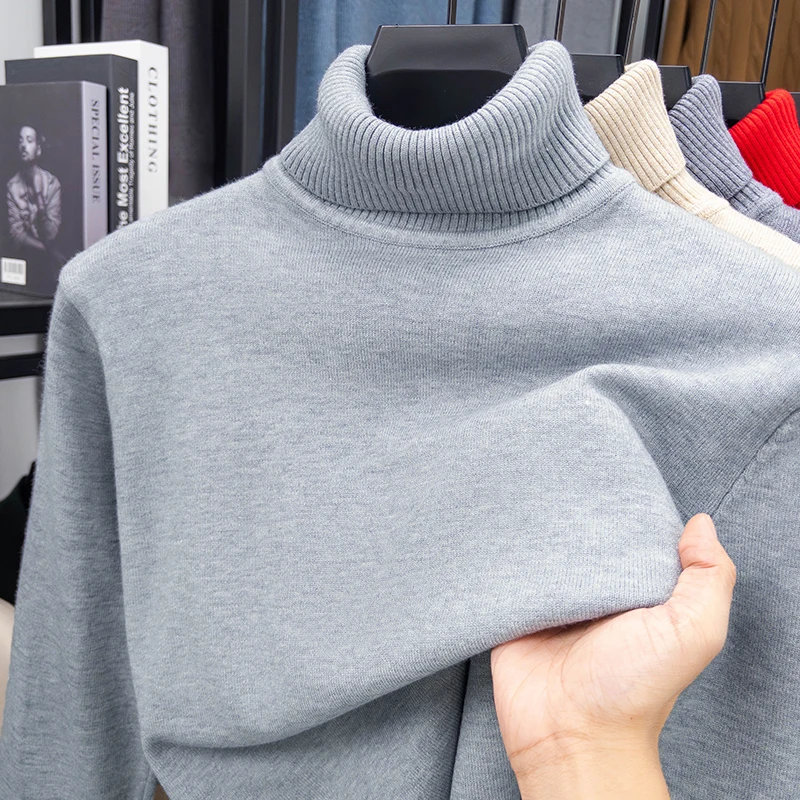 Autumn and Winter Thick Sweater Men's High Neck Spun Wool Sweater Warm and Versatile Casual Knitted Base Sweater Men