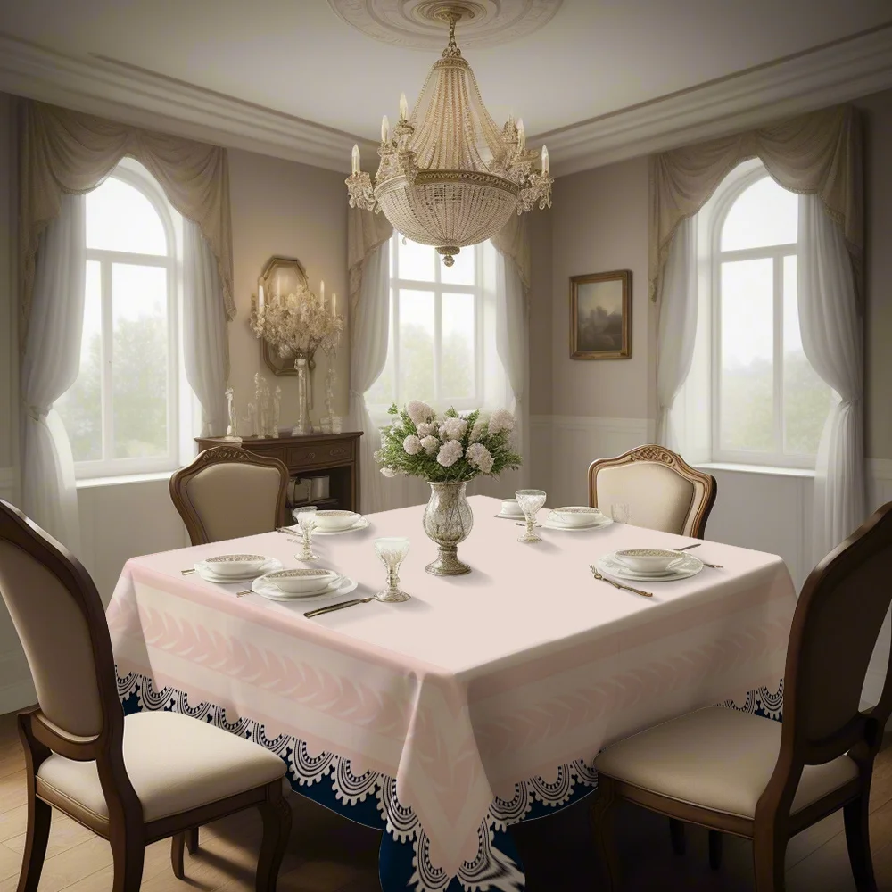Newly designed printed square tablecloth. Elegant square tablecloth, dark blue base with pink accents.