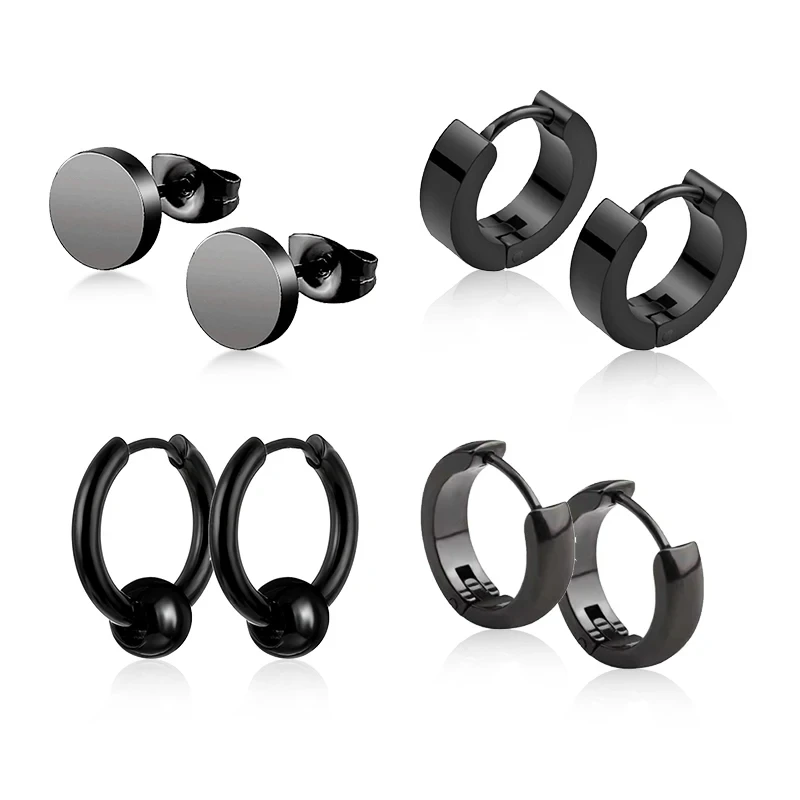 1/4 Pairs Mens Black Round Disc Huggie Hoop Stud Earrings Stainless Steel Faux Gauges Ear Tunnel Piercing Hypoallergenic Jewelry