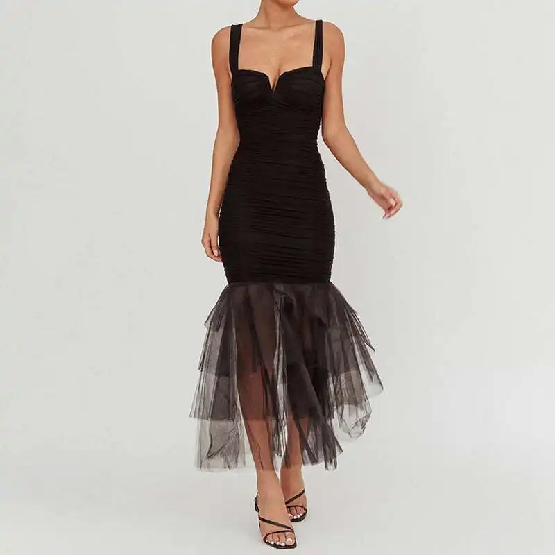 เซ็กซี่ปิดไหล่ Slim A-Line Elegant สีทึบแขนกุดชุดราตรีตาข่าย Patchwork Wrap ชุดยาวสตรี