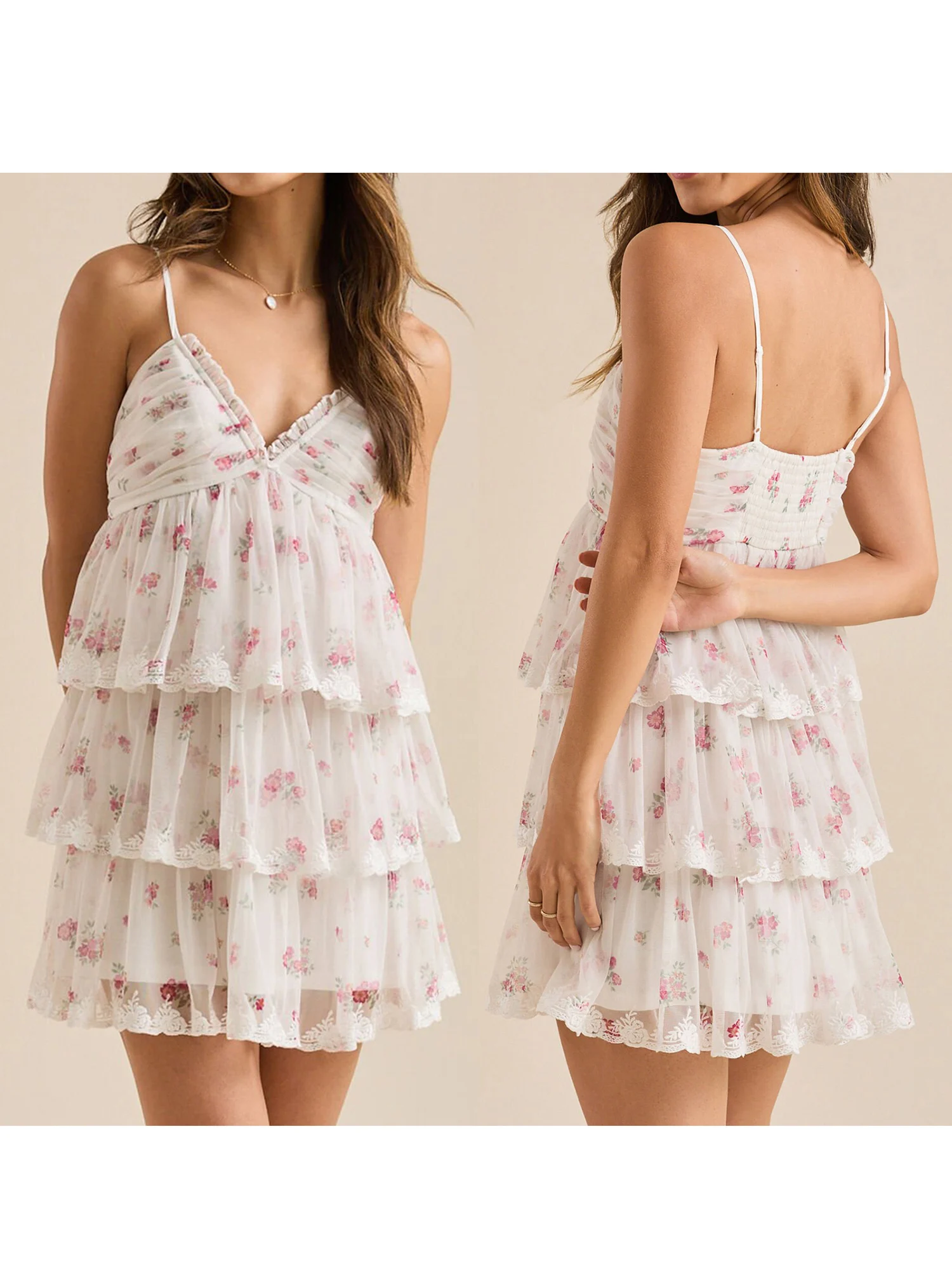 Elegant Sleeveless Floral Print Ruffle Hem V Neck Mini Dress with Mesh Overlay and Adjustable Spaghetti Straps for Summer Beach