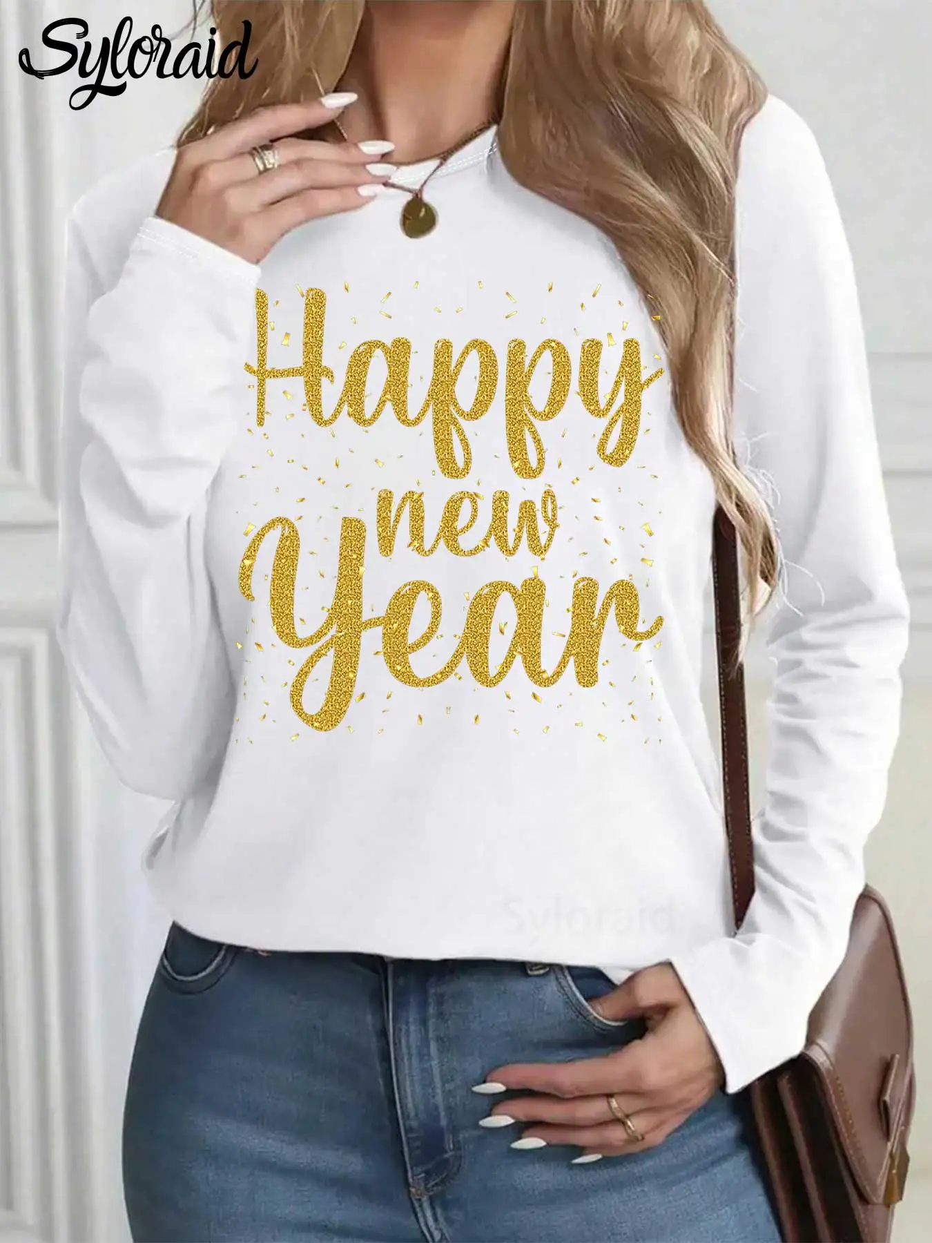 

Women's Long Sleeve T Shirt "Happy New Year" Golden Print T Shirt Fashion Round Neck Casual Top