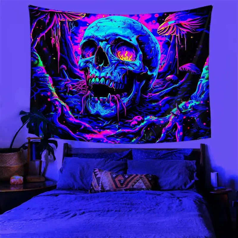 VIKAMA Blacklight Skull Tapestry UV Reactive Neon Blue Mushroom Psychedelic Trippy Wall Hanging for Bedroom Party Decor