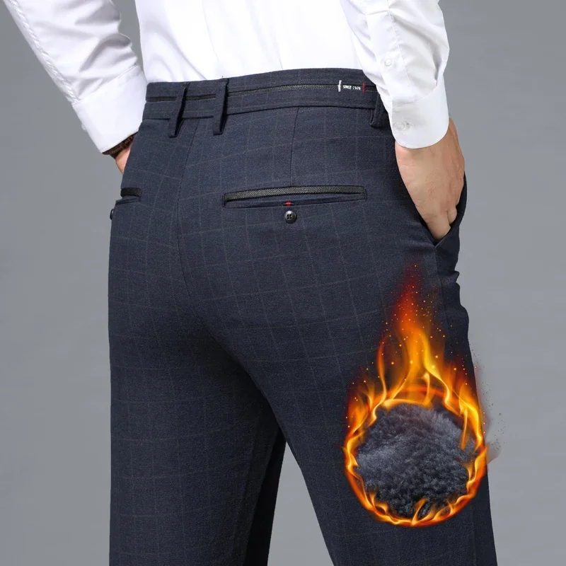 

Men's Fleece Slim Pants Winter New Fashion Thicken Plaid Striped Stretch Business Casual Trousers Male Plush Pant