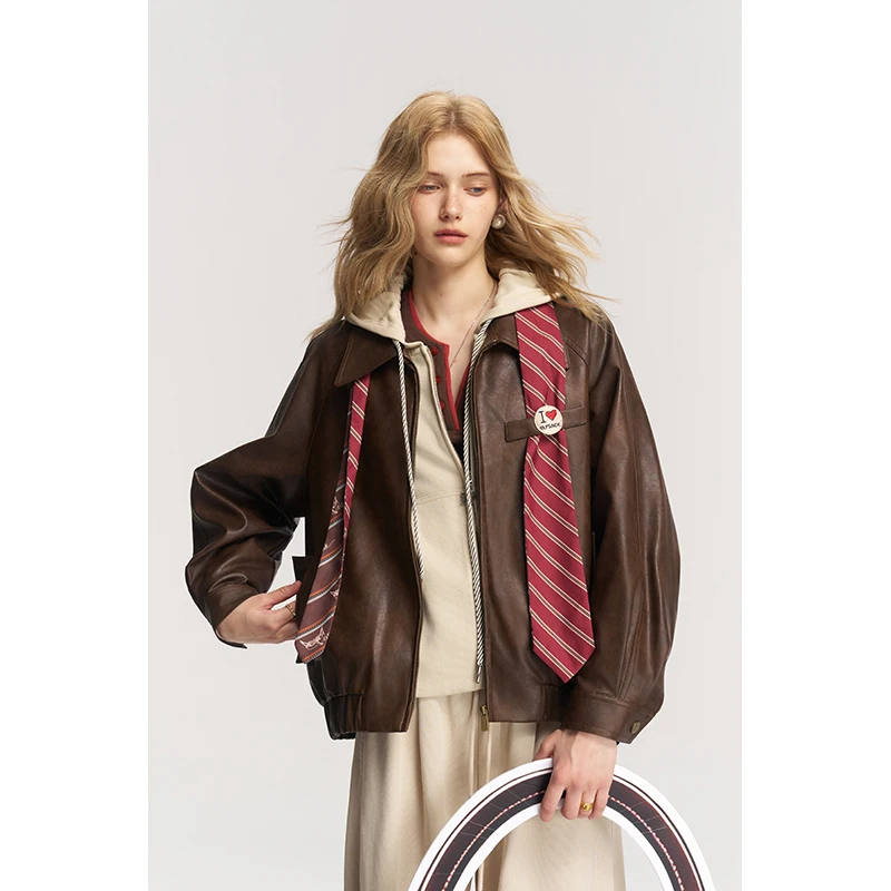 ELFSACK Women's Vintage Preppy Short Jacket with Striped Tie & Heart Badge, Loose Lapel Outerwear for Everyday Casual