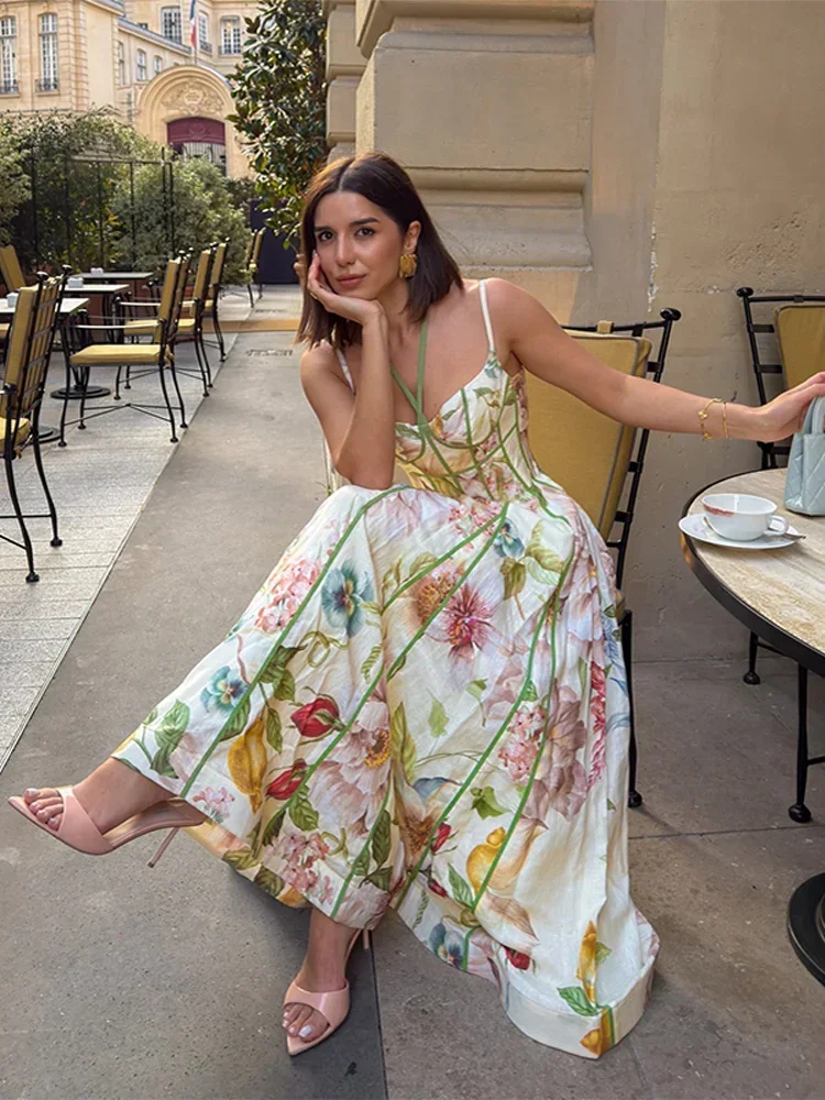 Boho Printed Halter Strap Maxi Dress Lady Sleeveless Waist-closed A-line Dresses 2026 Summer Fashion