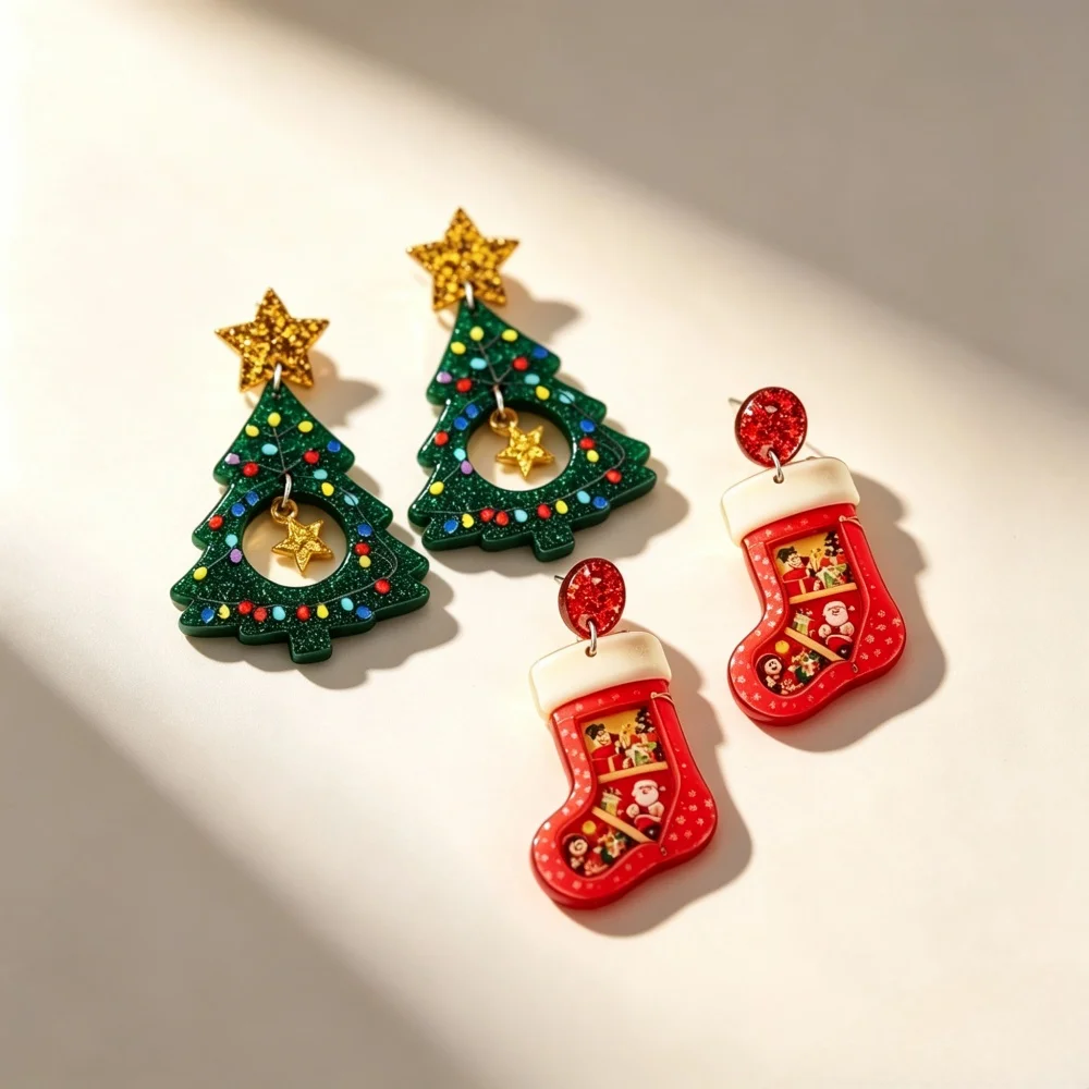 Cute Christmas Dangle Earrings Glitter Christmas Tree & Stocking Acrylic Drop Earrings Women's Xmas Holiday Party Jewelry Gift