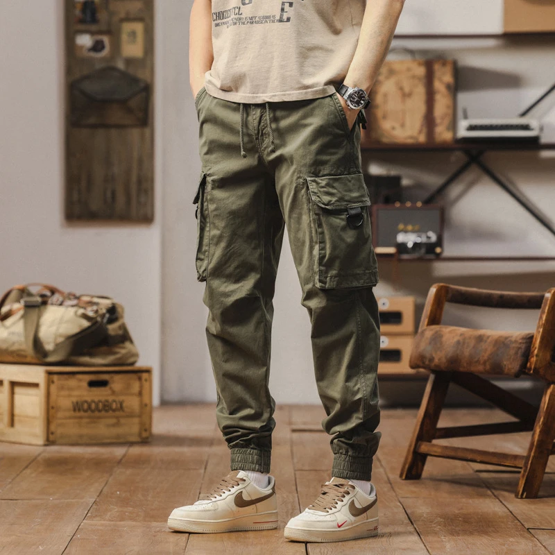 

Summer Men's Solid Color Washed Wear-Resistant Multi-Pocket Work Pants Ankle Tied Casual American Street Fashion