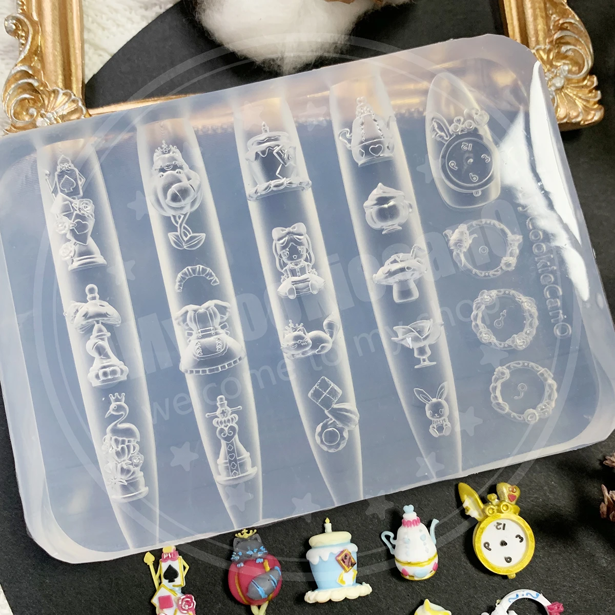 Super delicate, Alice in Wonderland themed full-transparent silicone nail mold, tea party theme.