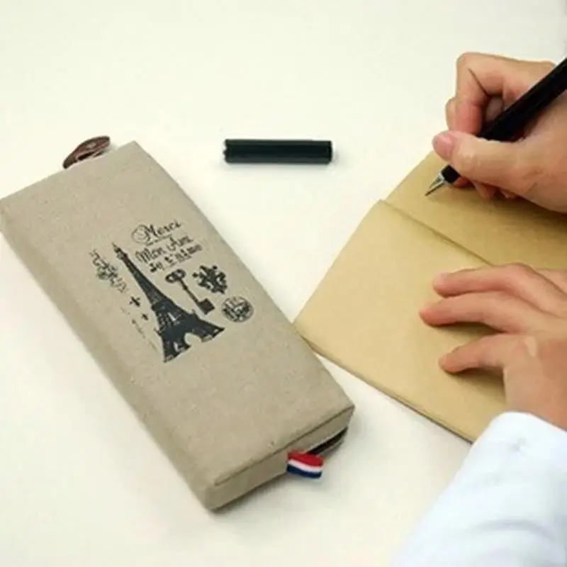 Sac à crayons en lin rétro, 1/2 pièces, rangement de papeterie de Style Paris, fournitures scolaires et de bureau