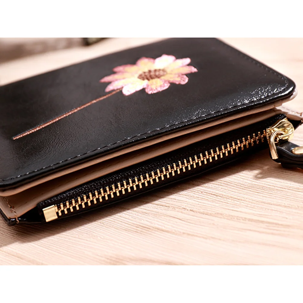 

Bifold Wallet For Women Pu Flower Pattern Slim Foldable Coin Purse Black Short Wallet Compact Change Pouch