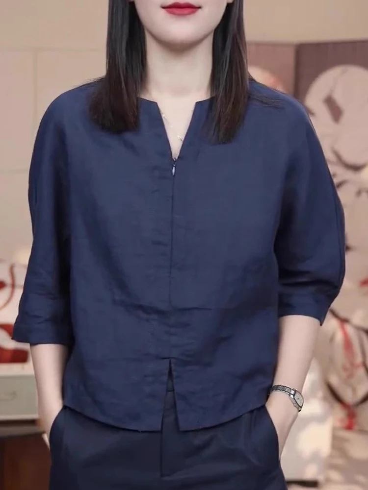 우아한 하프 집업 셔츠 캐주얼 여름 상의 7부 소매 오버헤드 여성 패션 출퇴근 스타일 루즈핏 베이직 센스