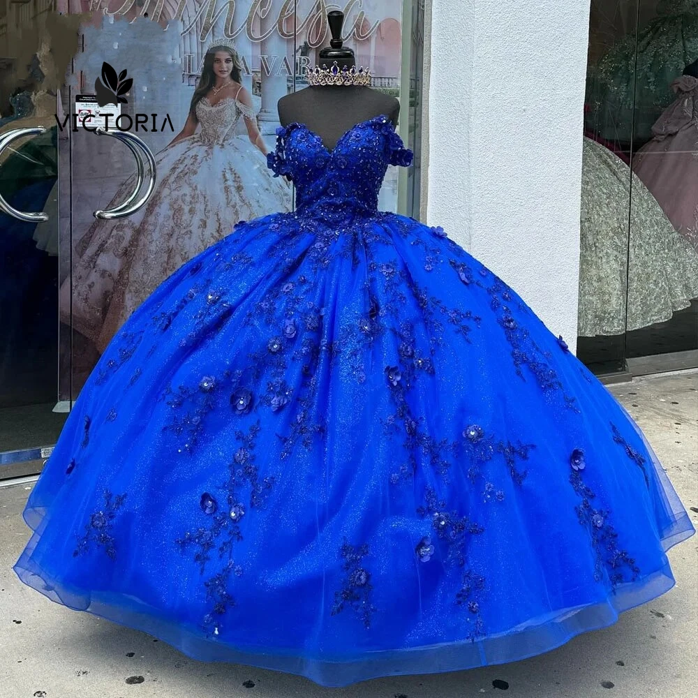 Król niebieskie kwiaty 3D zroszony suknie Quinceanera Off The Shoulder suknia balowa meksykańska słodka szesnaście sukienka suknie ślubne Vestido