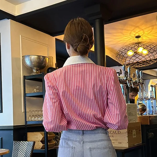 New French Elegant Women Shirts Korean Striped Red Fashion Turn Down Collar Office Ladies Tops Long Sleeve Causal Female Blouse