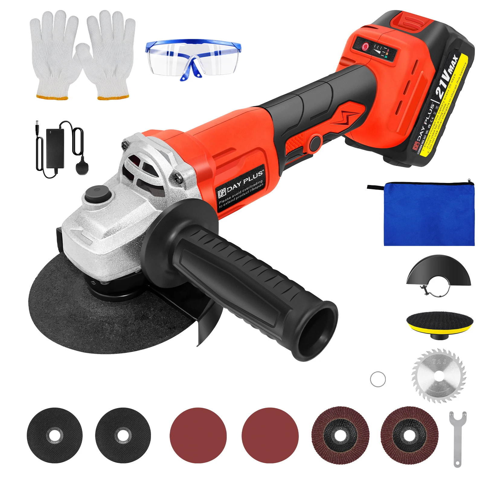 Meuleuse d'angle sans fil 21V avec batterie et chargeur, meuleuse 3 vitesses de 115 mm pour la découpe, le meulage et le polissage